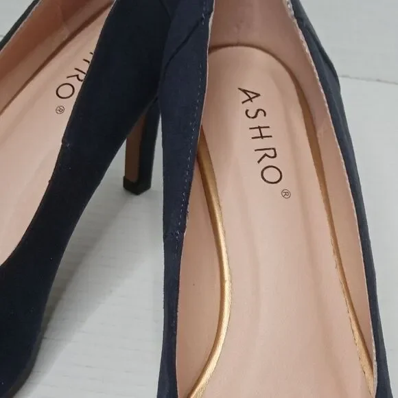 NEW Ashro Pumps Pointed Toe Blue Heels with  Cutouts & Woven Gold Design Sz 11 - Picture 3 of 7
